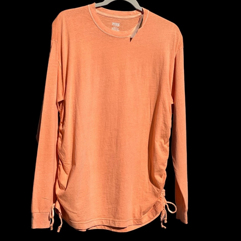 Victorias Secret PINK Campus Crew T Shirt Ruched Sides Long Sleeve Orange Medium